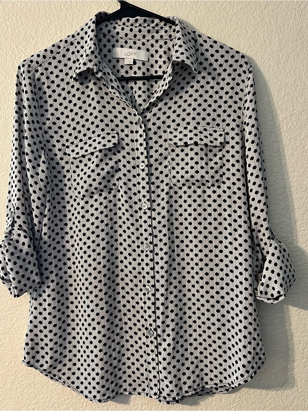 LOFT White Button-Down Shirt with Black Dot Pattern